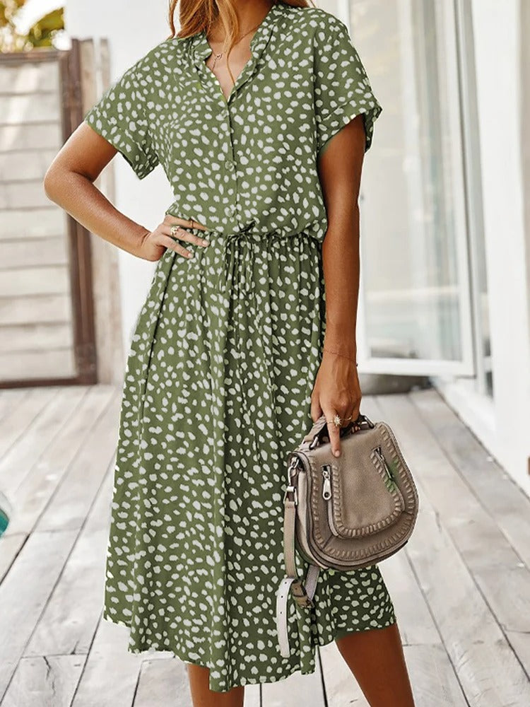 Women's midi dress – Relaxed fit – Breathable fabric – Short sleeves – Buttoned