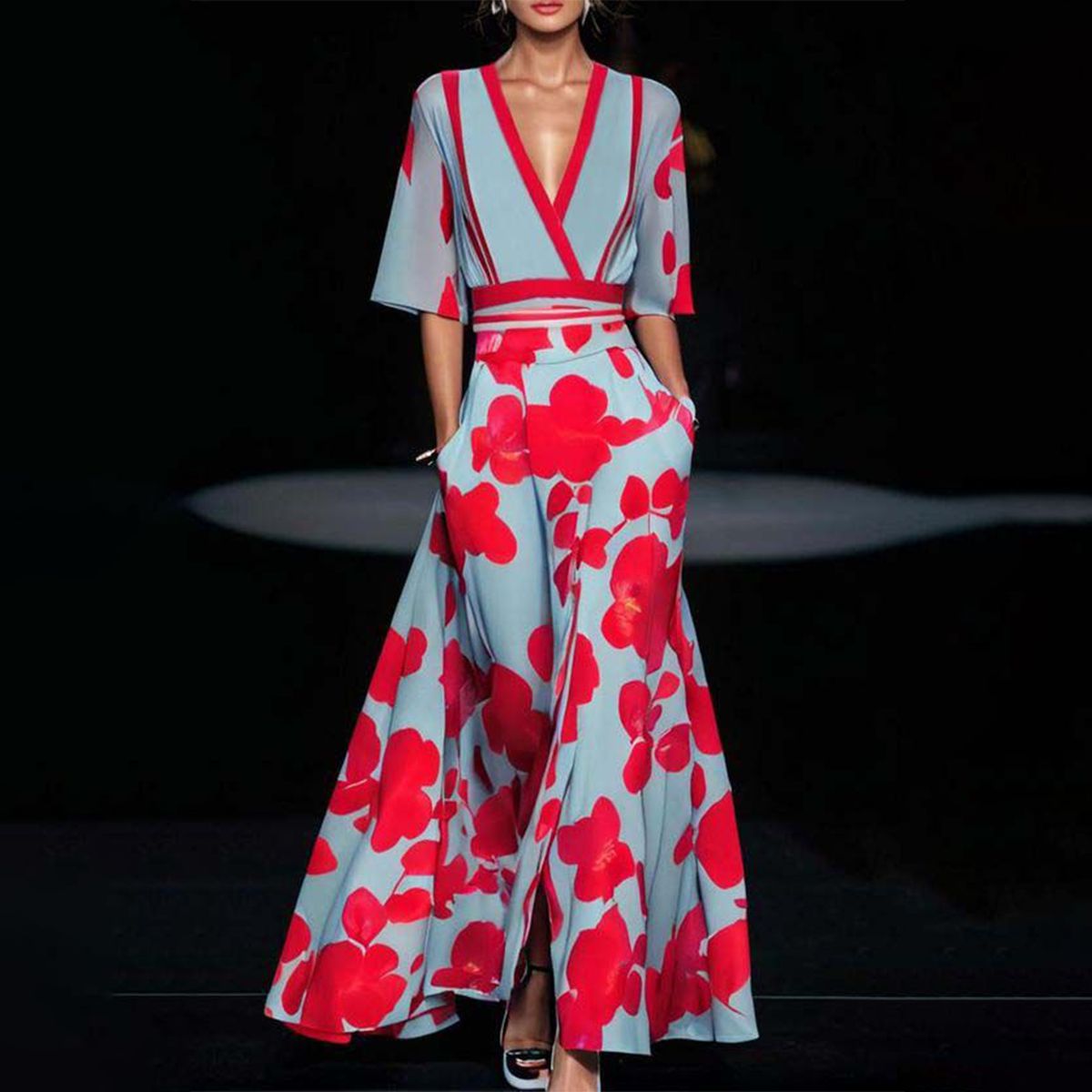Robe longue femme – Tissu fluide – Taille cintrée – Manches coudes – Décolleté V