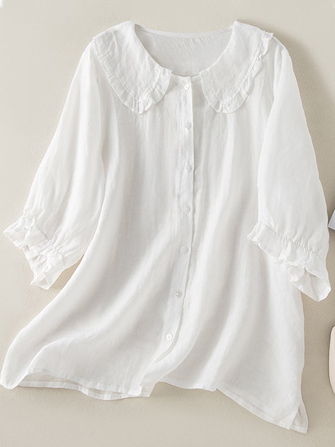 Chemise femme ample – Fibres naturelles – Col Claudine à volants – Manches 3/4