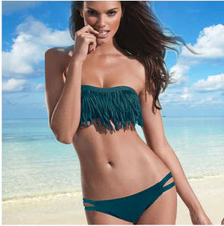 Bikini set for women – Bandeau top with fringes – Low-rise high-cut bottoms – Cut-out details