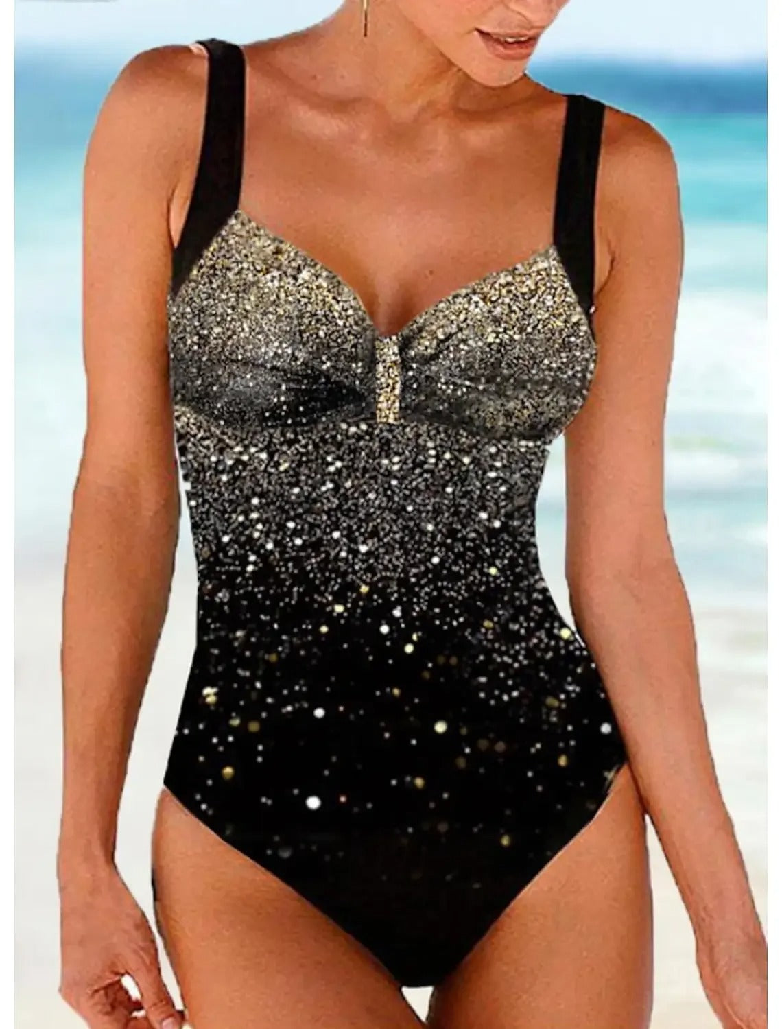 Women's 1-piece swimsuit – Shaping cut – Built-in bra – Shiny sequins