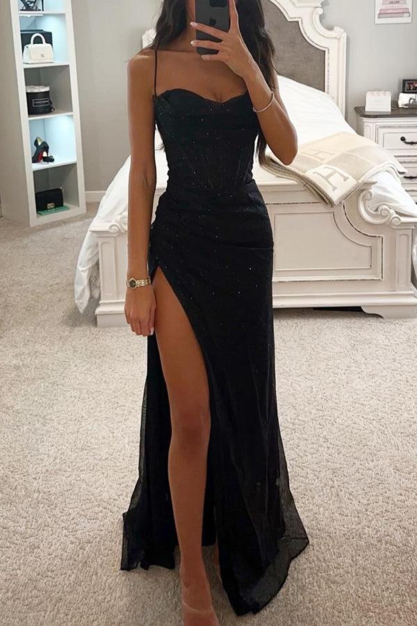 Robe longue femme – Style corset satiné – Fente haute – Bretelles fines élégantes