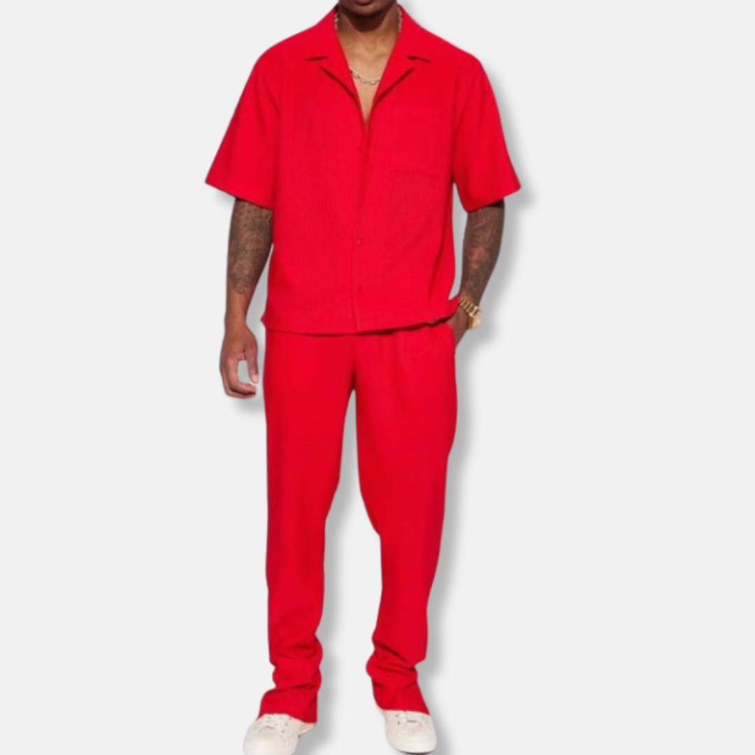 Men's casual set – Loose fit – Short-sleeve collared shirt – Long pants – Breathable fabric