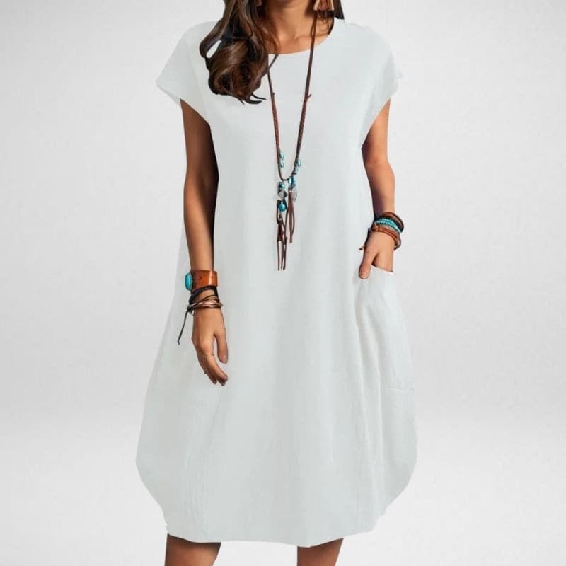 Women's long dress – Loose fit – Breathable fabric – Short sleeves with pockets