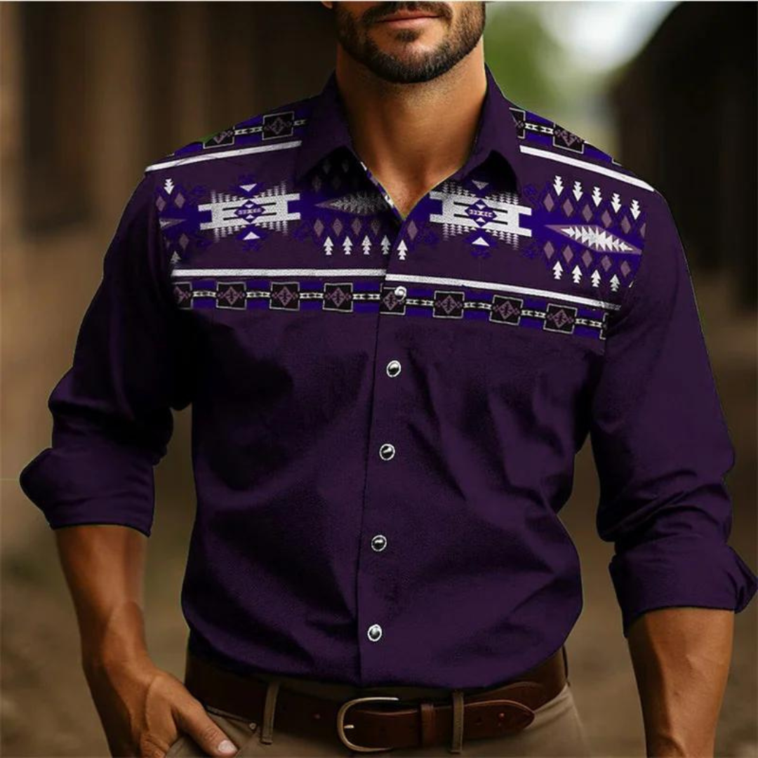 Men's shirt – Slim fit – Long sleeves – Retro geometric pattern – Breathable fabric