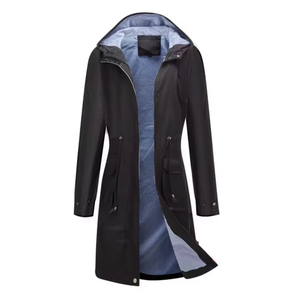 Women's long jacket – relaxed fit – water-repellent – adjustable waist – hood
