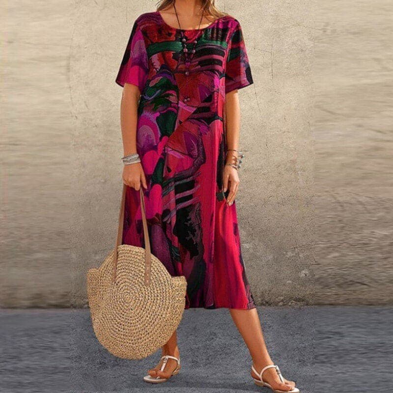 Women's midi dress – Loose fit – Breathable fabric – Short sleeves – Abstract print