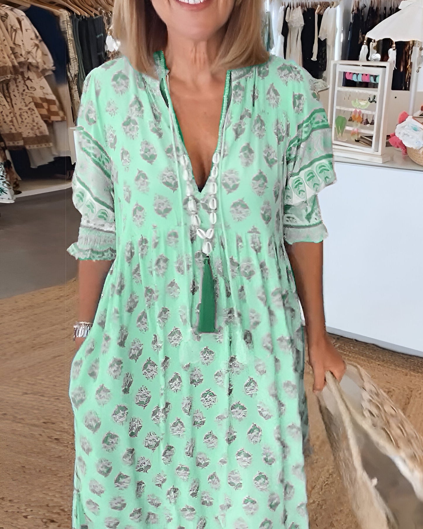 Women's long dress – Natural fibers – Fluid cut – Bohemian floral pattern – V-neck