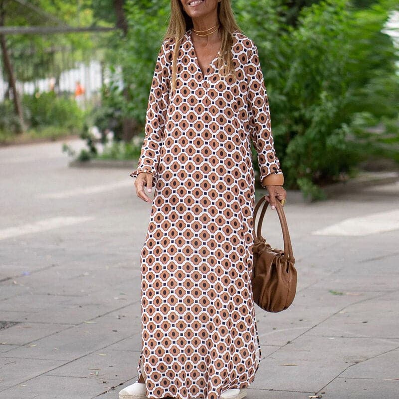Women's long dress – Loose fit – Breathable fabric – Graphic pattern – V-neck