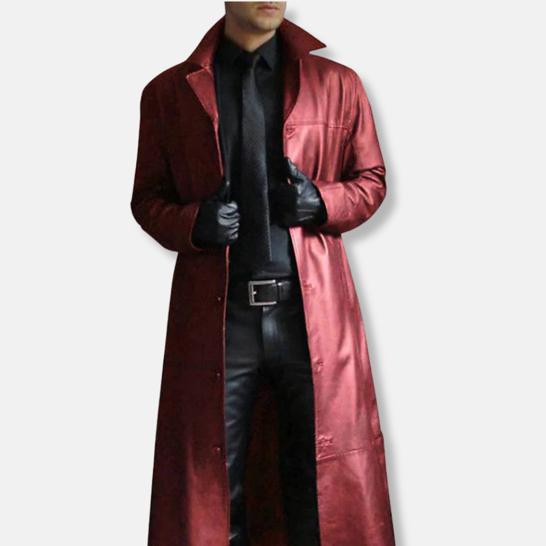 Men's long coat – Fitted cut – Smooth leather feel – Wide dress collar