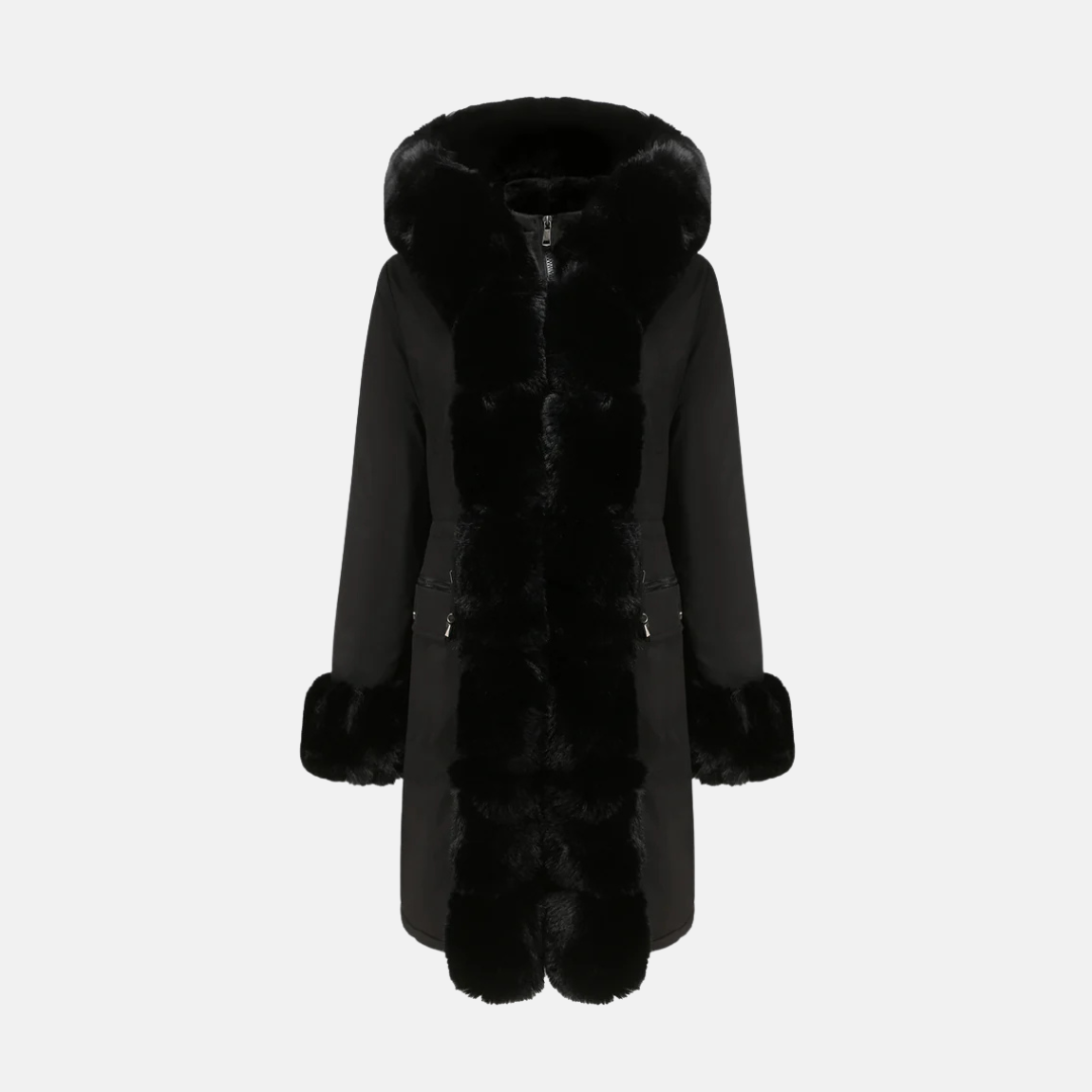Women's Long Coat - Woven Fabric - Fur Hood - Straight Cut