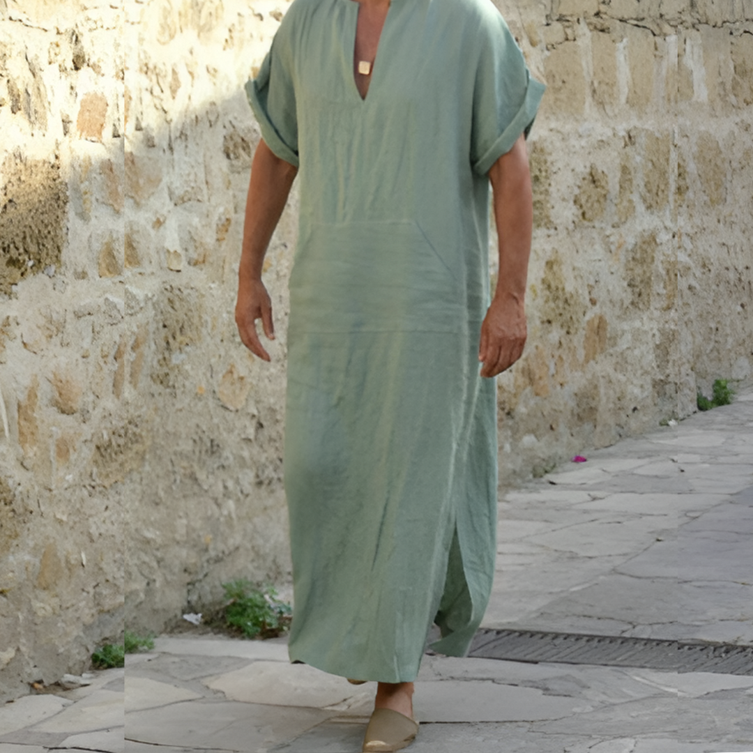 Men's long shirt dress – Loose fit – Breathable fabric – V-neck – Short sleeves
