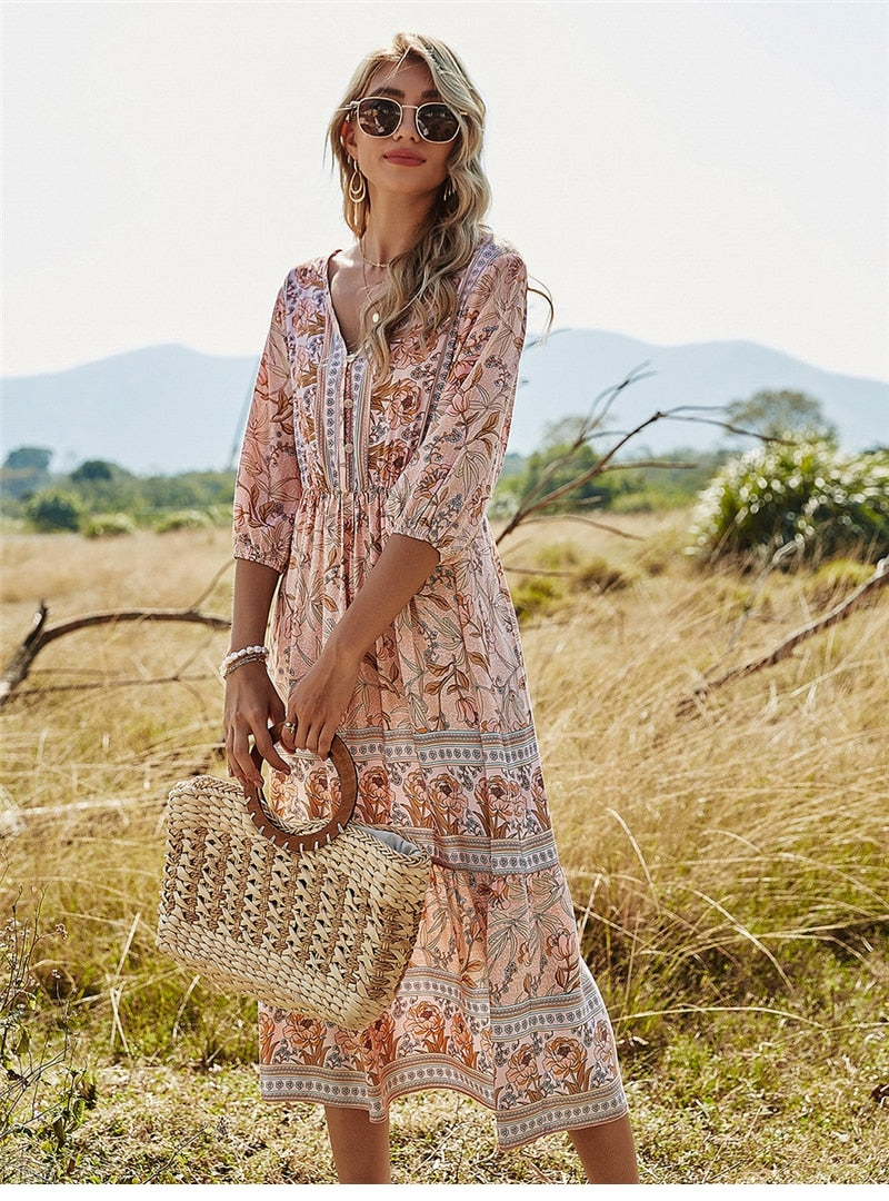 Women's midi dress – Relaxed fit – V-neck – Floral print – Breathable fabric