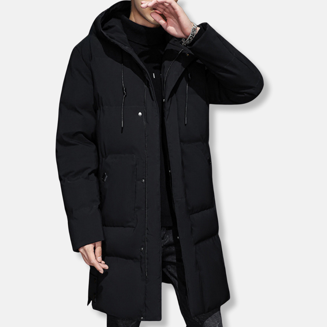 Men's Coat - Woven Fabric - Mid-Thigh Length - Adjustable Hood