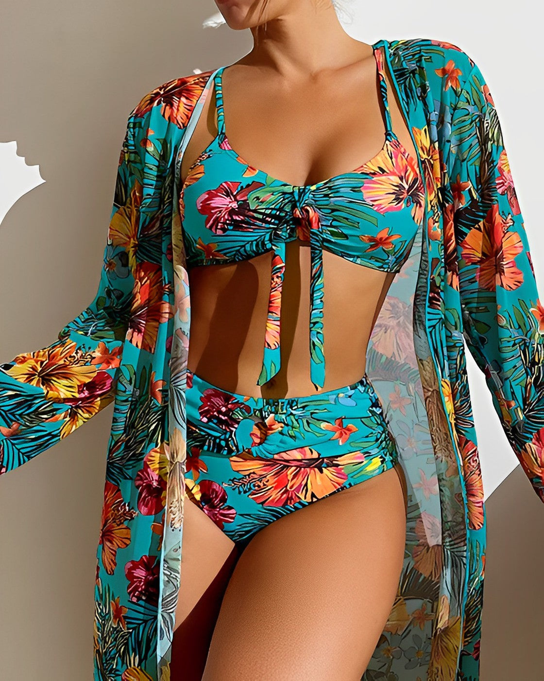 Women's 3-piece swimsuit – Tied top – High waist – Sheer flowing voile