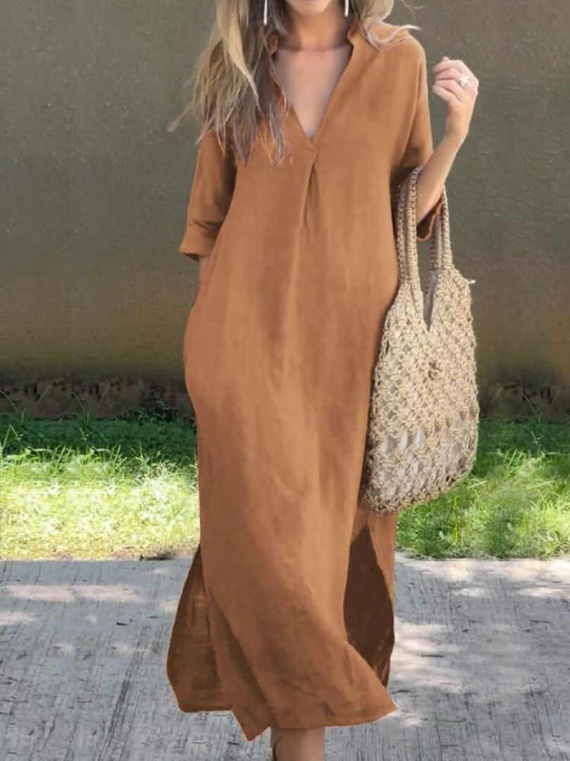 Robe midi femme – Coupe ample – Col en V – Manches mi-longues – Tissu coton respirant