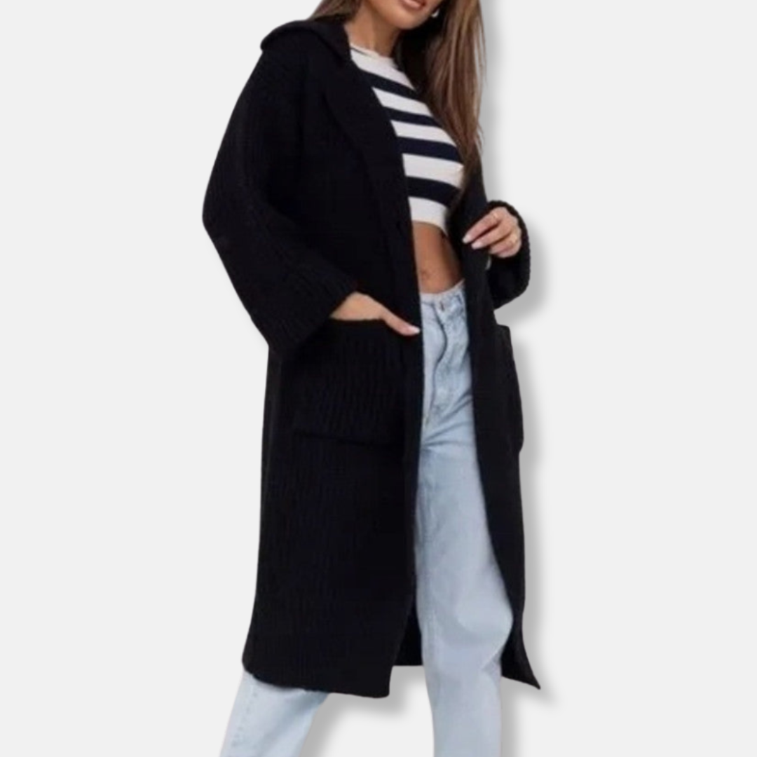Women's Long Knitted Coat – Wool Blend – Oversized Fit – Hood and Pockets