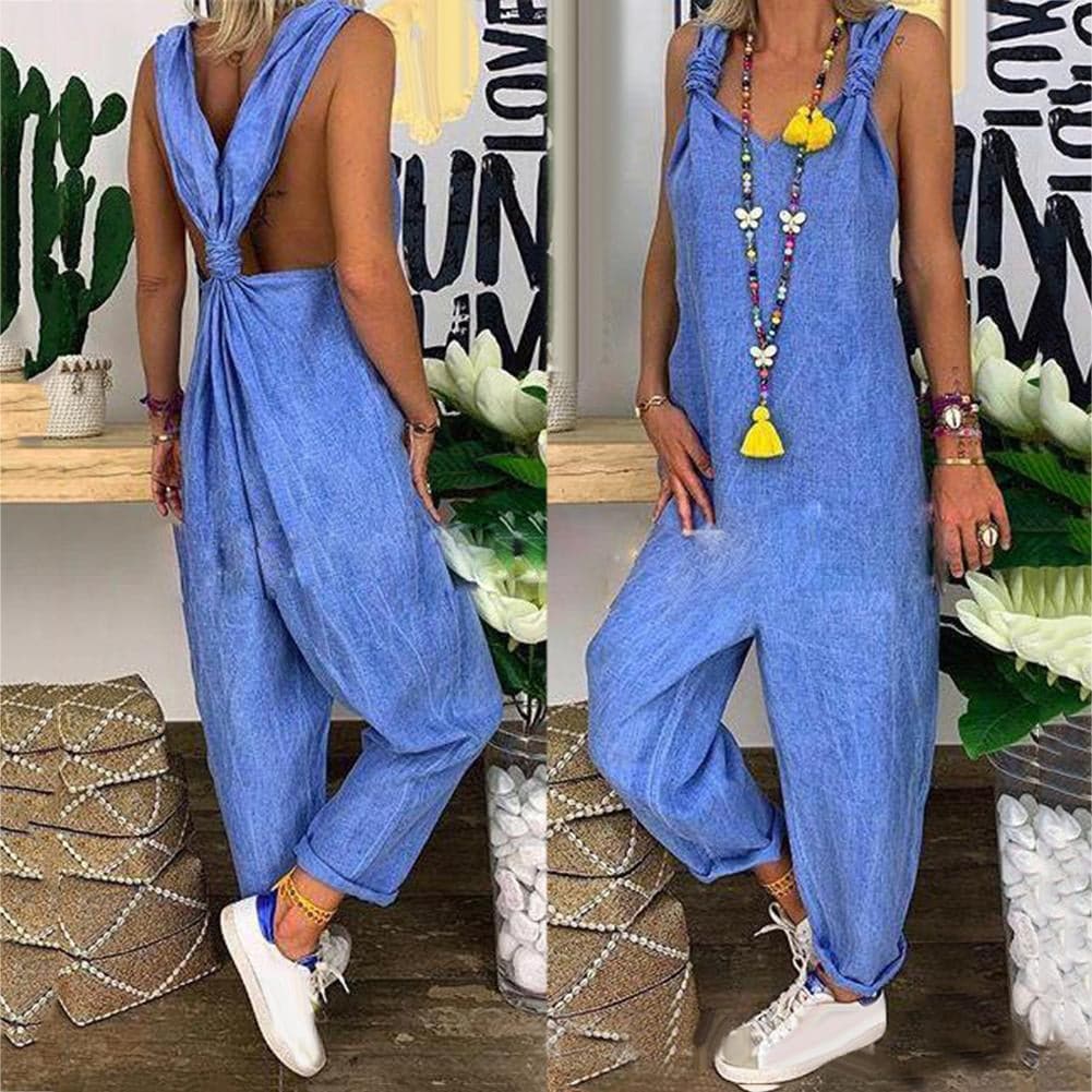Women's jumpsuit – Loose fit – Natural fibers – Backless – Tied straps