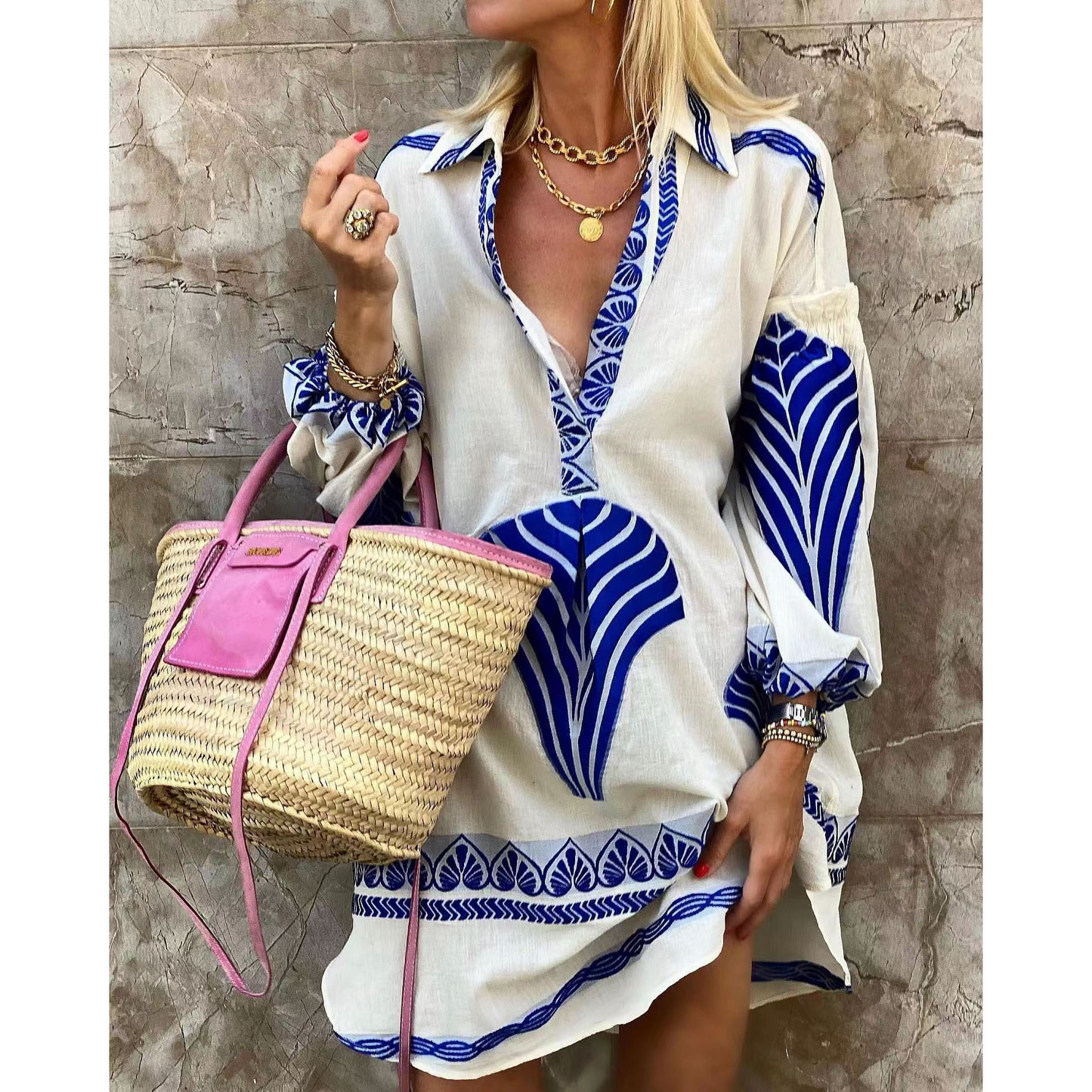 Women's mini dress – Flowing cut – Breathable fabric – Puff sleeves – V-neck