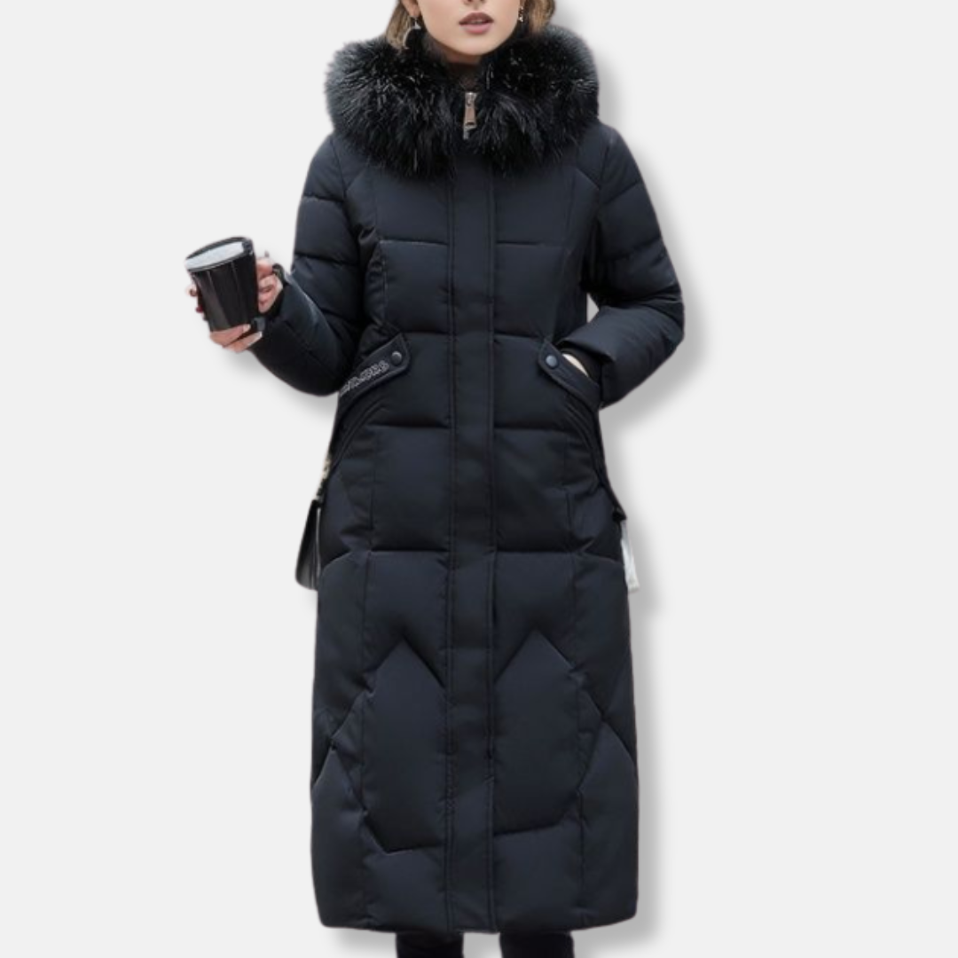 Women's Long Quilted Coat - Woven Fabric - Slim Fit - Removable Stand Collar