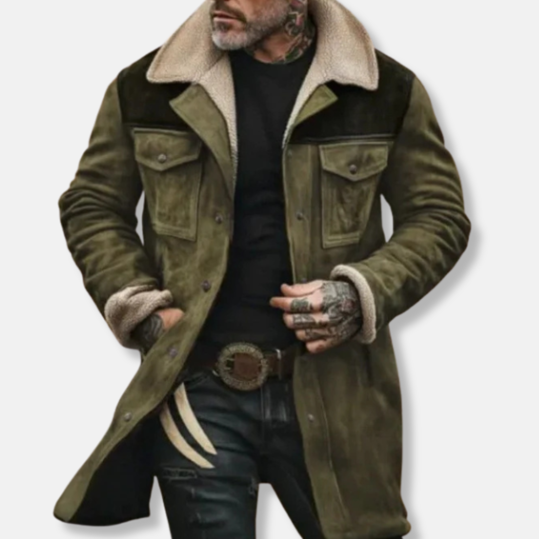 Men Trench-Coat - Woven Suede - Notched Lapel Collar - Mid-Thigh Length