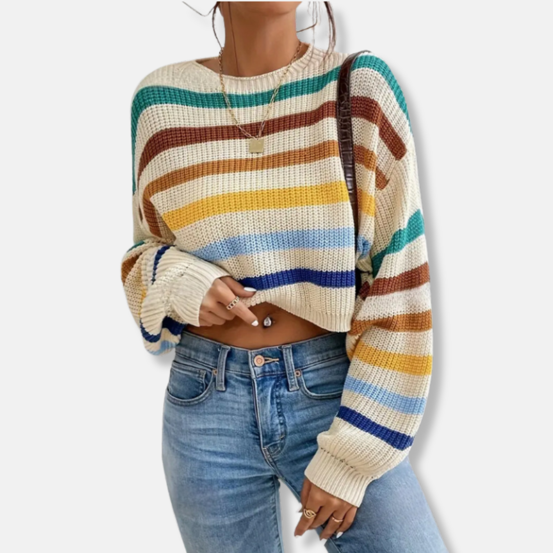Nancy Cotton Oversized Crewneck Sweater | Striped Cropped Sweater