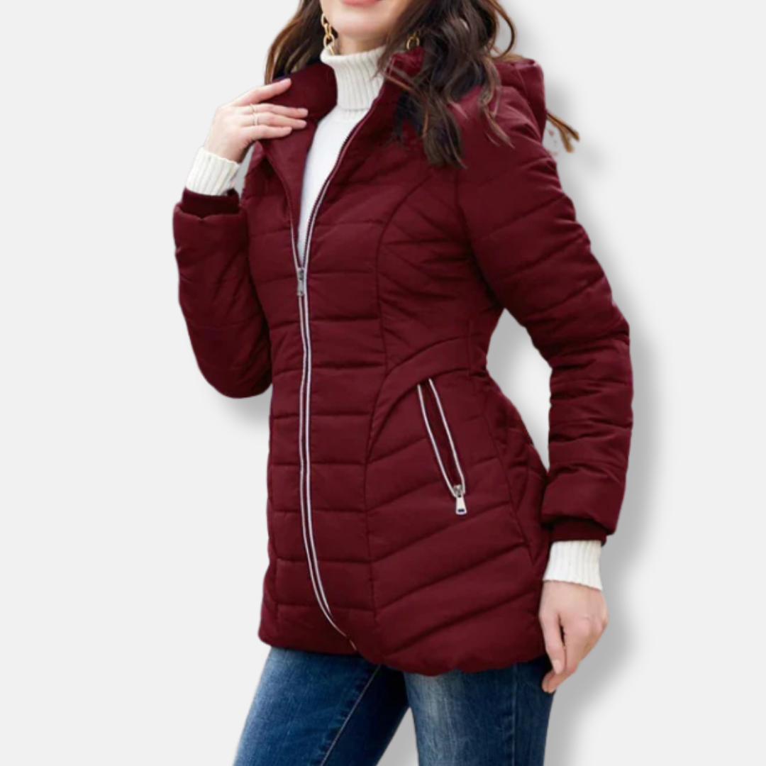 Women's Coat - Woven Fabric - Slim Fit - Mid-Thigh Length - Hooded Collar - Ribbed Cuffs