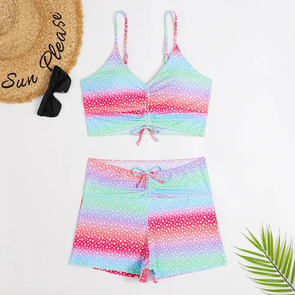 Women's bikini set – Ruched bralette with thin straps – High waist – Breathable stretch fabric