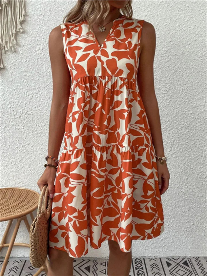 Robe femme sans manches – Encolure en V – Coupe ample – Motif feuillage – Longueur genou