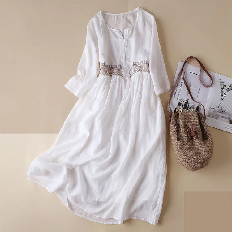 Women's midi dress – Natural fibers – Loose fit – Ethnic embroidery – 3/4 sleeves