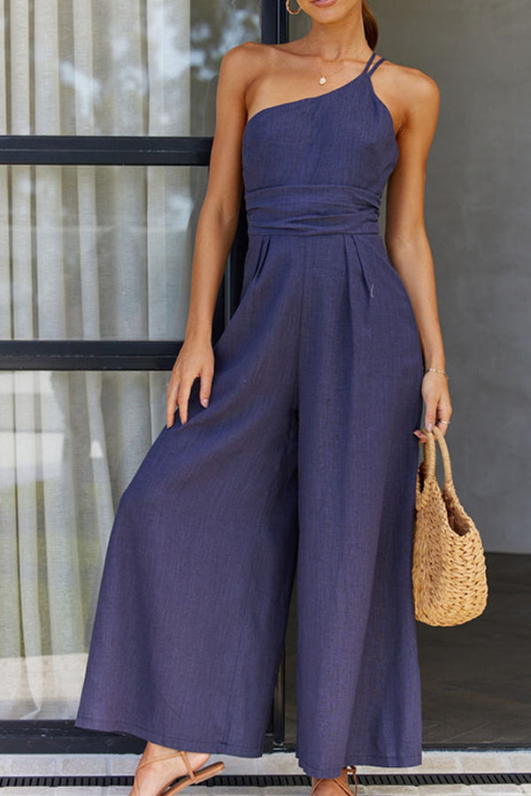 Women's Jumpsuit – Fitted Cut – Flared Legs – Asymmetrical Neckline – Breathable Fabric