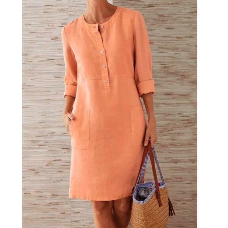Women's shirt dress – Relaxed fit – Breathable fabric – Side pockets – Roll-up sleeves