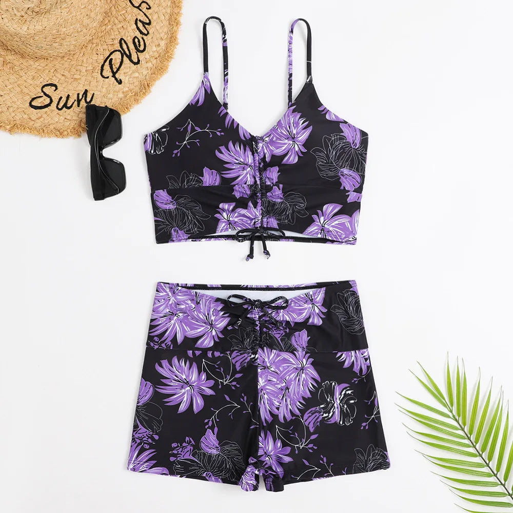 Women's bikini set – Ruched bralette with thin straps – High waist – Breathable stretch fabric