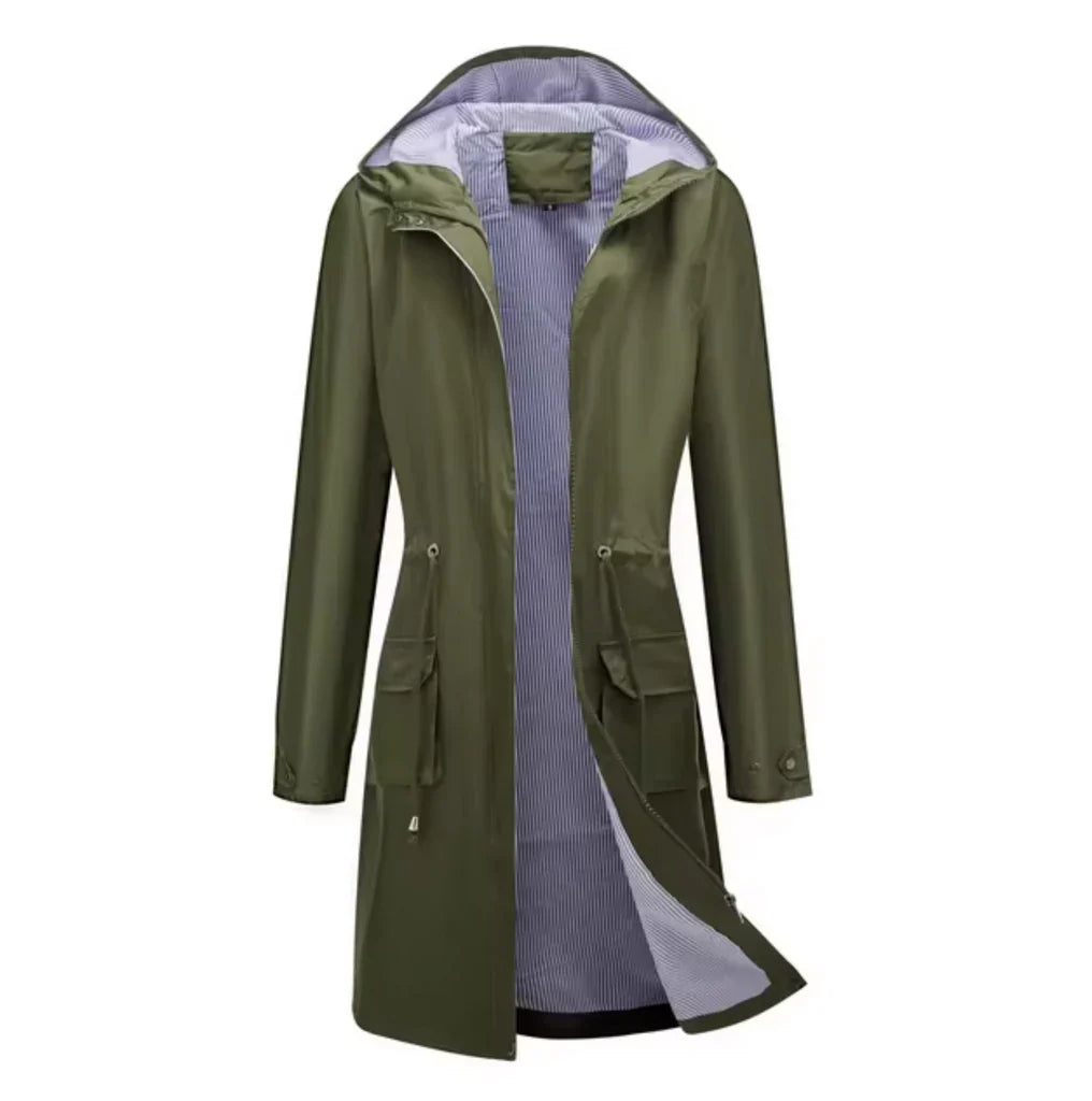 Women's long jacket – relaxed fit – water-repellent – adjustable waist – hood