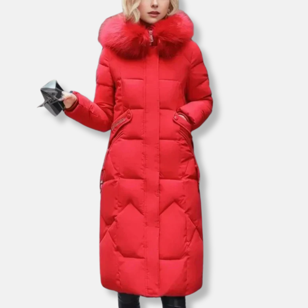 Women's Long Quilted Coat - Woven Fabric - Slim Fit - Removable Stand Collar