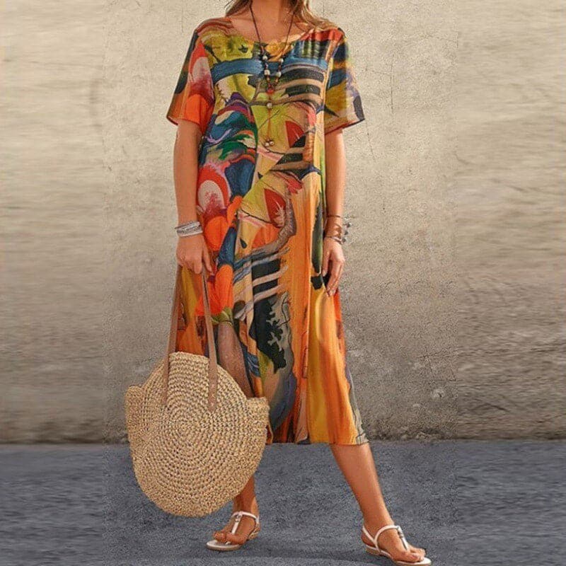 Women's midi dress – Loose fit – Breathable fabric – Short sleeves – Abstract print
