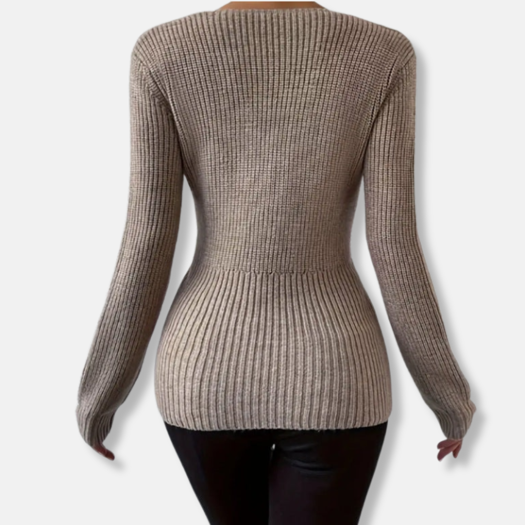 Clara Ribbed V-Neck Sweater | Twist Front Fitted Sweater