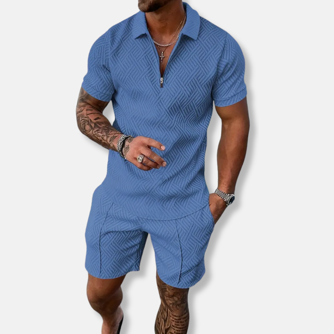 Men's Polo and Short Set – Slim Fit – Breathable Fabric – Zippered Closure – Contrasting Finish