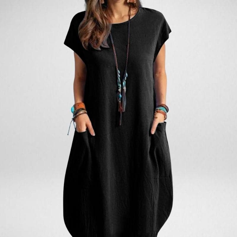 Women's long dress – Loose fit – Breathable fabric – Short sleeves with pockets