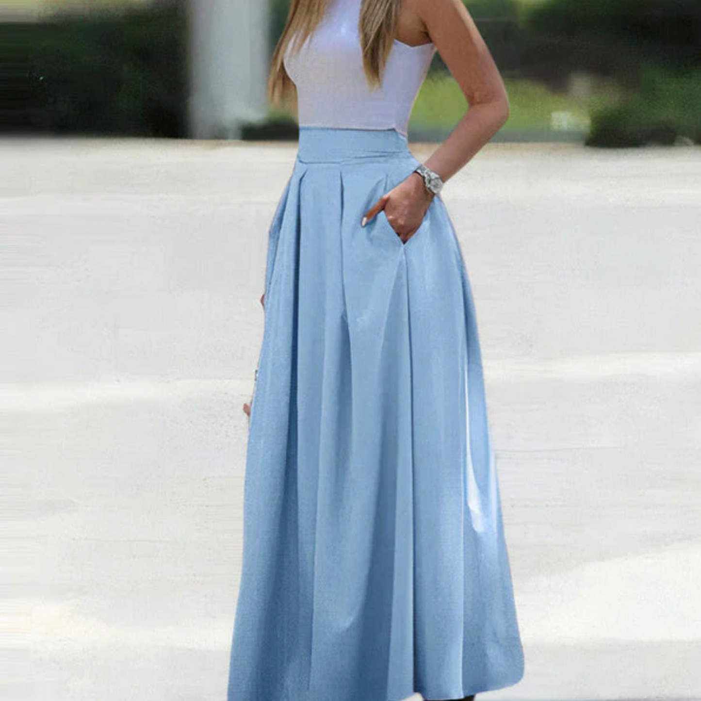 Jupe longue femme – Taille haute – Coupe fluide – Tissu respirant – Plissé élégant
