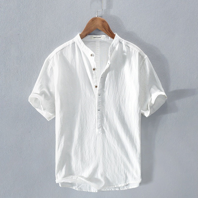 Men's short-sleeve shirt – Relaxed fit – Mao collar – Breathable natural fibers