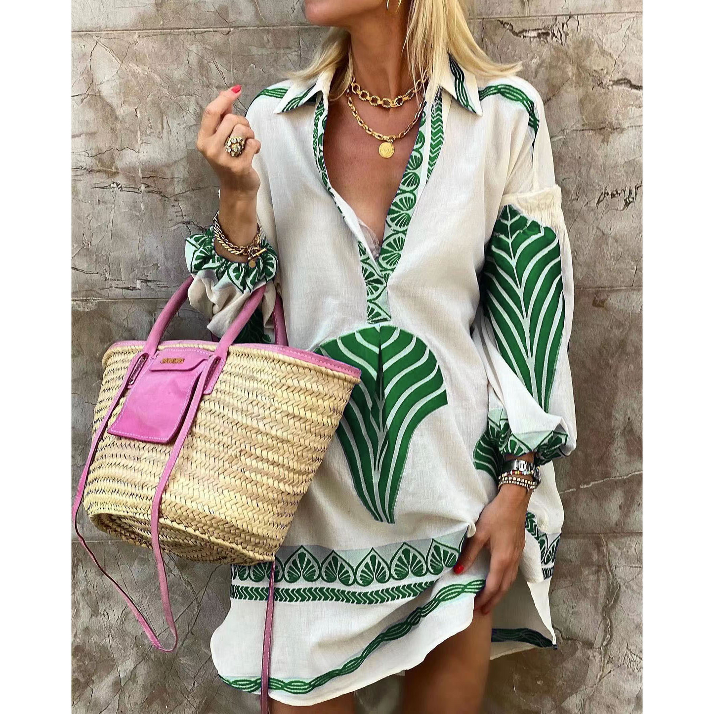 Women's mini dress – Flowing cut – Breathable fabric – Puff sleeves – V-neck