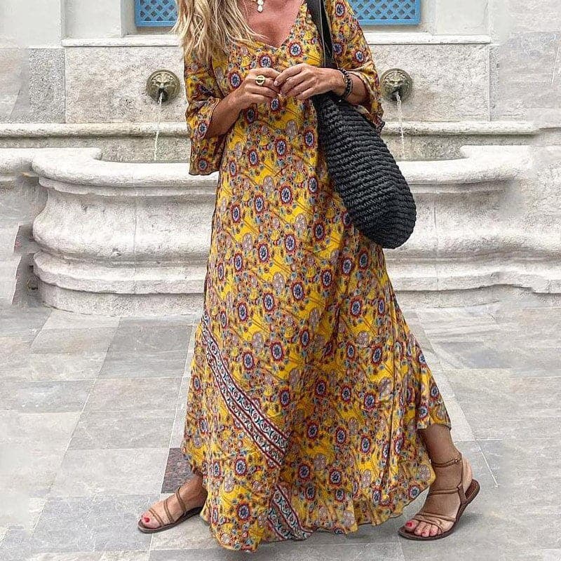 Women's long dress – Loose fit – Breathable fabric – Graphic pattern – V-neck