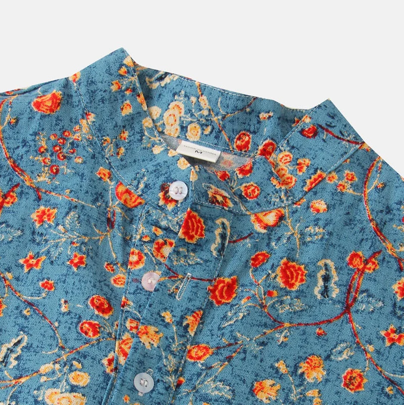 Men's short-sleeve shirt – Relaxed fit – Mao collar – Floral print – Breathable fabric