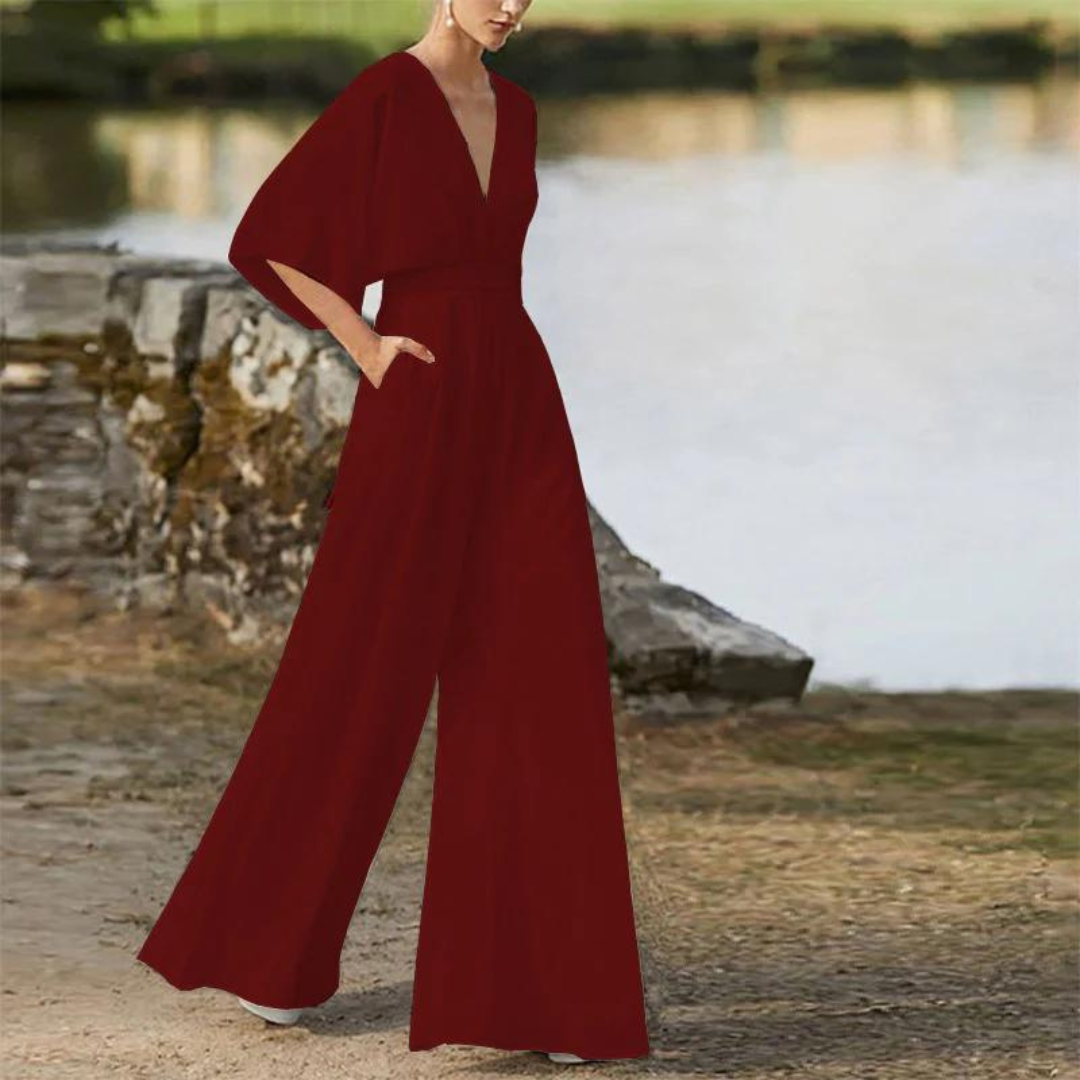 Jumpsuit woman – V-neck – Loose fit – Mid-length sleeves – Wide legs
