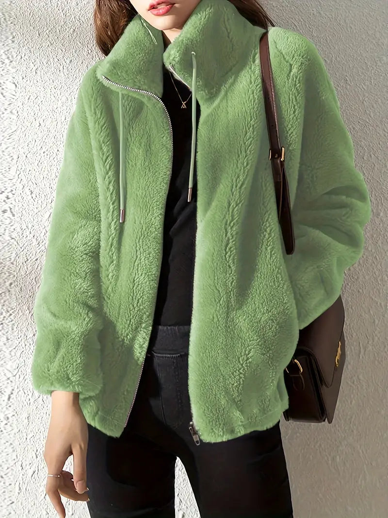 Women's Jacket - Soft Fleece - Oversized Cut - Stand Collar - Zipper Closure
