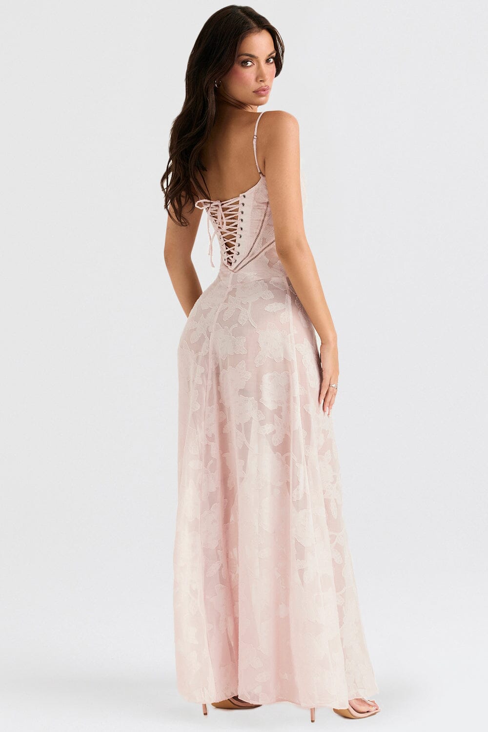 Robe longue femme – Coupe ajustée – Voile léger – Motif floral – Bretelles fines