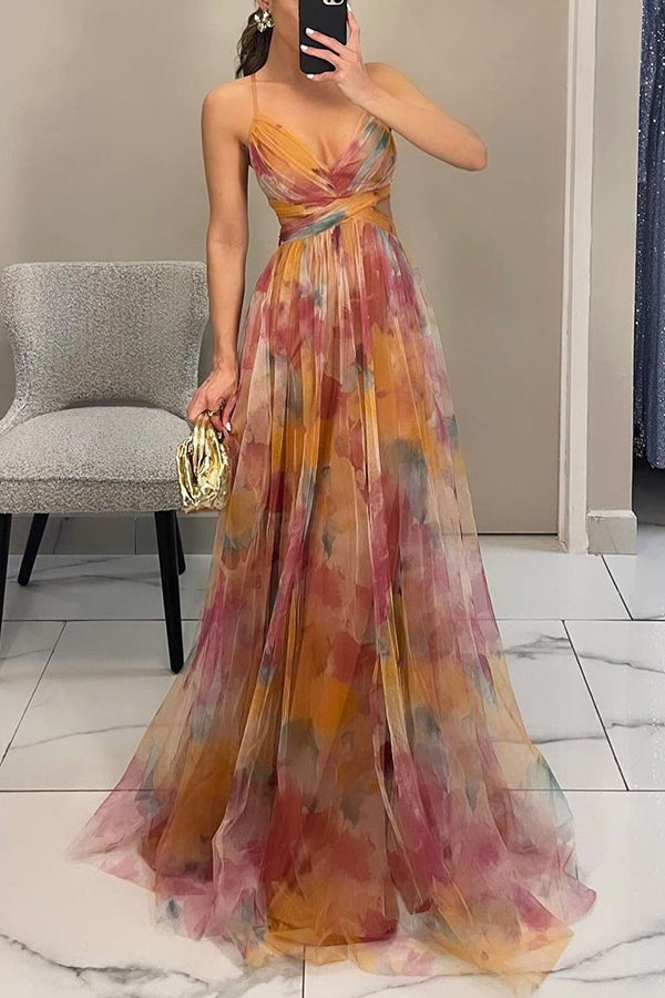 Robe longue femme – Décolleté cœur – Bretelles fines – Jupe fluide à volants