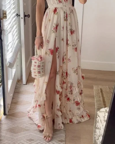 Robe midi femme – silhouette fluide – dentelle florale – fente élégante