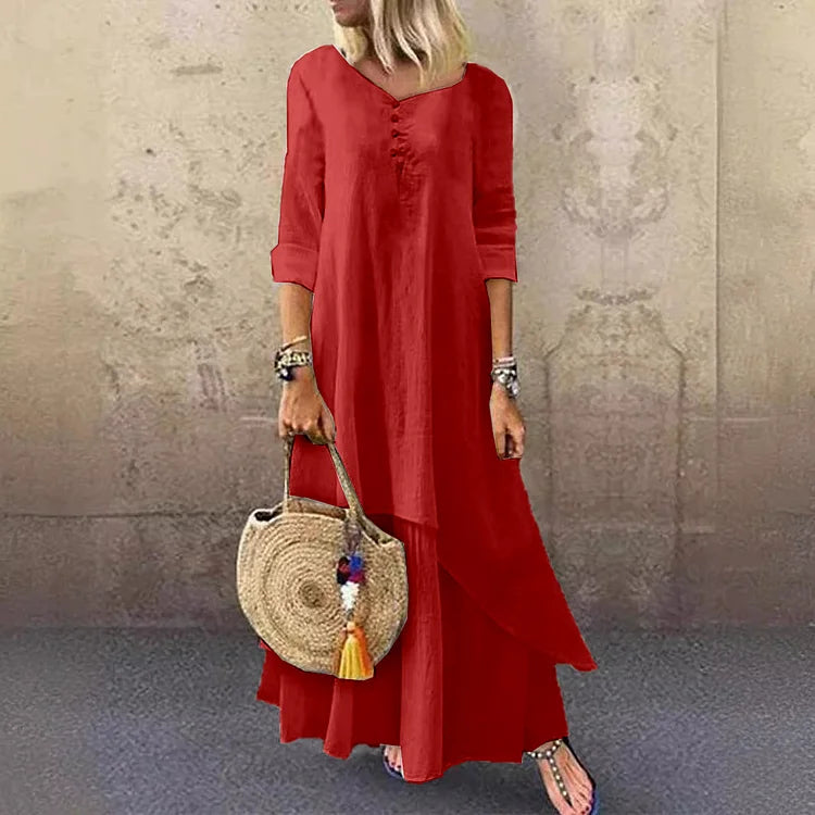 Women's Midi Dress – Loose Fit – Natural Fibers – 3/4 Sleeves – Asymmetrical Skirt